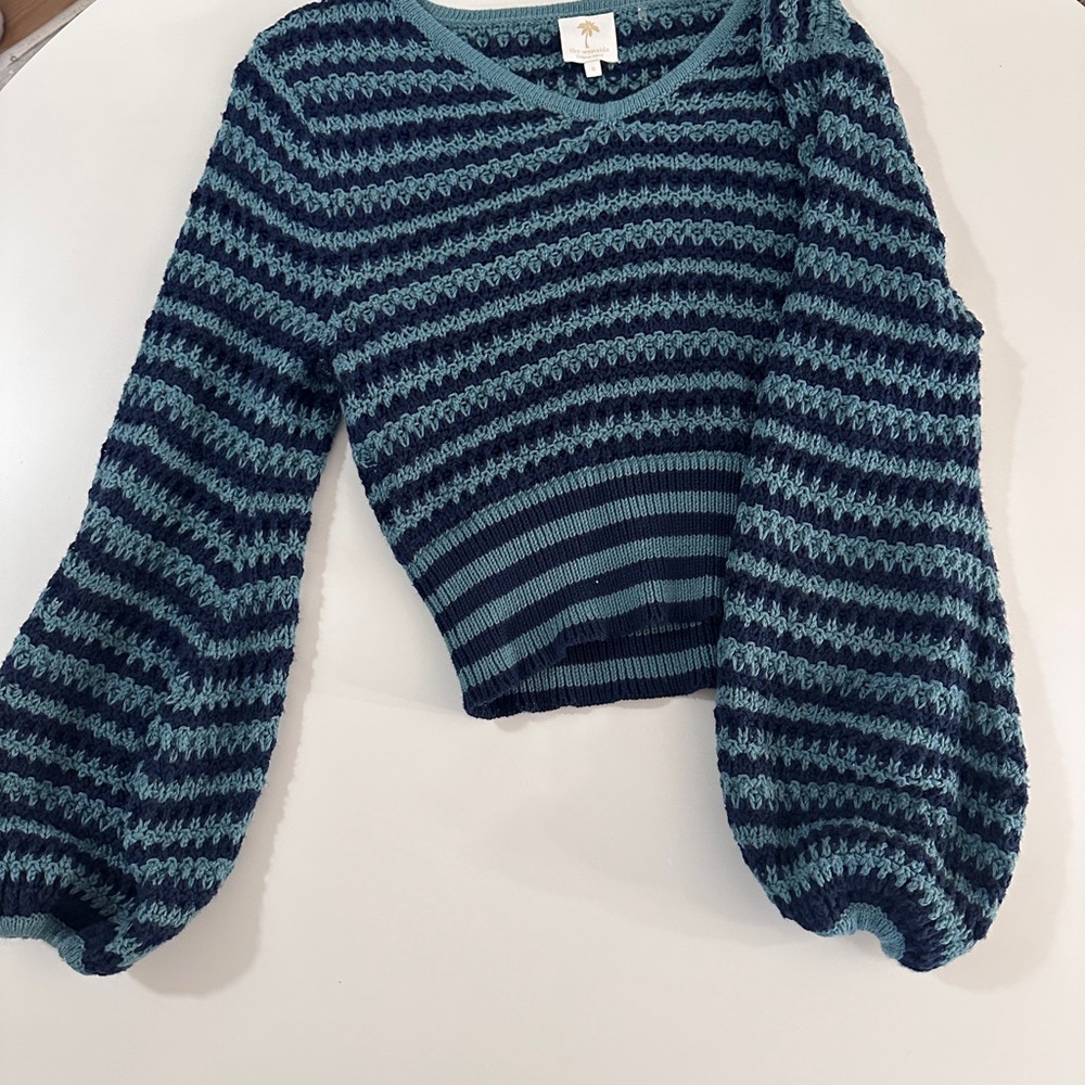 Crochet-Stripe V-Neck Balloon Sleeve Sweater - Teal & Navy